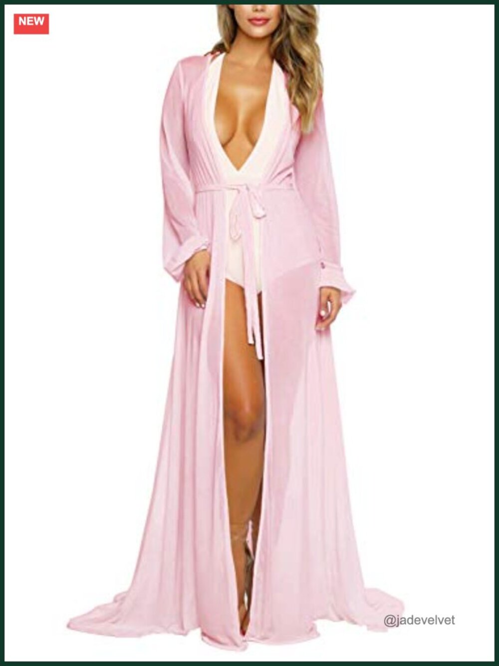Pink Queen Floral Maxi Swimsuit Cover Up Long Sleeve V Neck Sheer Robe